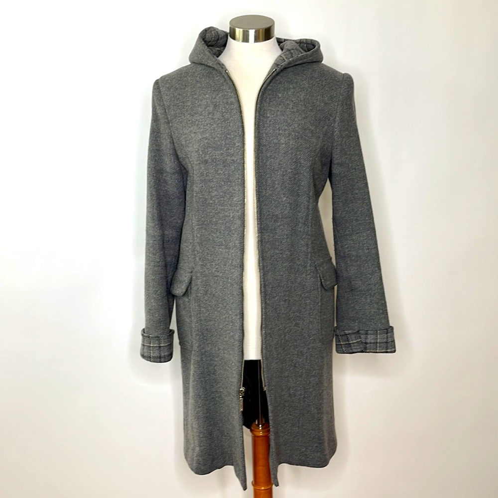 Kenneth Cole Reaction Wool Hooded Coat Plaid Cuffs & Lining